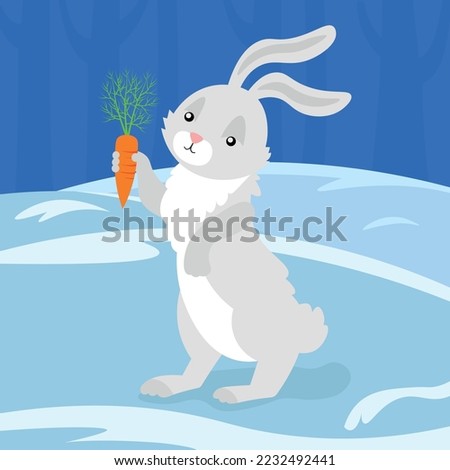 Gray hare in the snow holding a carrot