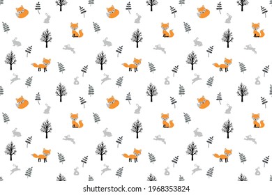 gray hares and red foxes in the forest on a white background vector seamless pattern