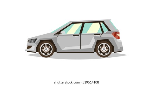 Gray hatchback car. Side view. The hot hatchback. Vehicles for traveling. Beautiful car. Gasoline engine. Flat style style