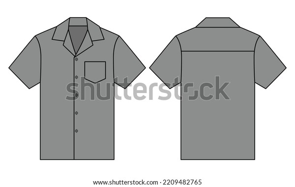 Gray Hawaiian Shirt With Pocket\
Template On White Background.\
Front And Back View, Vector\
File.