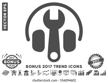 Gray Headphones Tuning Wrench pictograph with bonus 2017 year trend pictograph collection. Vector illustration style is flat iconic symbols, white background.