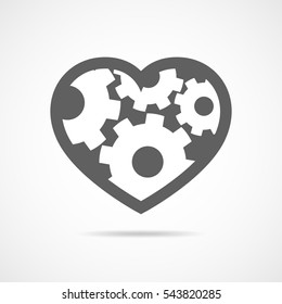 Gray heart with cogwheels. Abstract mechanical human heart. Heart made of gears. Vector illustration.
