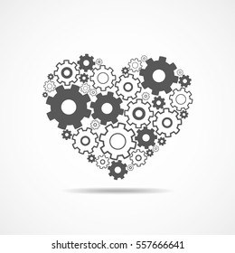 Gray heart with cogwheels. Mechanical silhouette of human heart. Heart made of gears. Vector illustration.