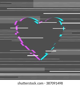 Gray heart with glitch effect on a gray background. Vector  illustration Corrupted image vector file. Digital image data distortion. 