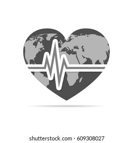 Gray heart with heartbeat icon. Vector illustration. Heart sign with world map in flat design.