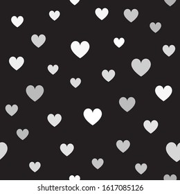 Gray heart pattern. Seamless vector background - grey, silver and white hearts on black backdrop