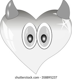 Gray heart with reflections on a white background. Gray glass heart with eyes and horns. 