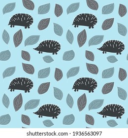 gray hedgehogs and blue leaves on a blue background seamless pattern