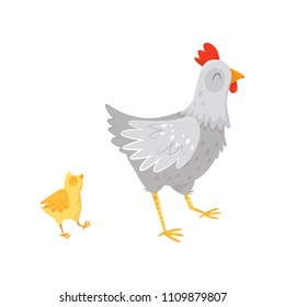 Gray hen walking with little yellow chick. Cartoon characters of farm birds. Domestic fowl. Flat vector for children book or poster