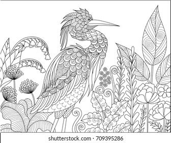 El pájaro de Garza gris en el bosque para la página del libro de colorear para adultos. Ilustración del vector