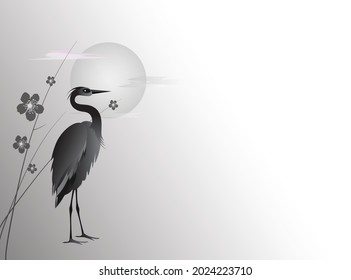 Gray heron stands next to of blooming sakura against the backdrop of a sunny circle with clouds. Black and white vector illustration. 