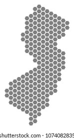 Gray hexagon New Jersey State Map. Vector geographical map in gray color on a white background. Vector concept of New Jersey State Map created of hexagonal spots.