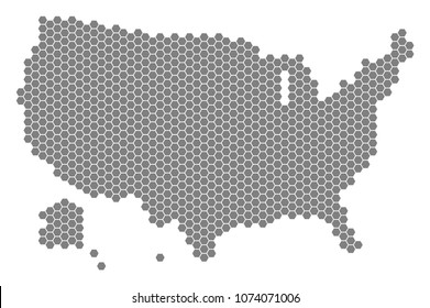 Gray hexagon USA With Alaska Map. Vector geographic map in gray color on a white background. Vector composition of USA With Alaska Map organized of hexagonal elements.