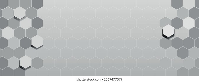 Gray hexagonal background with a modern, geometric style. The background features a textured gray pattern with varying shades of gray. 3D hexagon border background. Gray background vector.