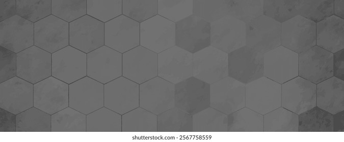 Gray hexagonal background, with a textured, geometric style. The background is gray and features a repeating hexagon pattern background. Minimal marble texture with hexagon pattern background vector.