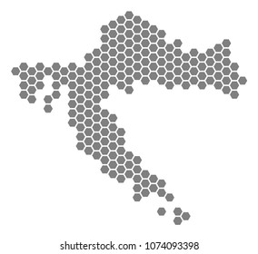 Gray hexagonal Croatia Map. Vector geographical map in grey color on a white background. Vector mosaic of Croatia Map constructed of hexagonal blots.