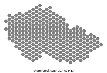 Gray hexagonal Czech Map. Vector geographic map in grey color on a white background. Vector concept of Czech Map done of hexagonal blots.