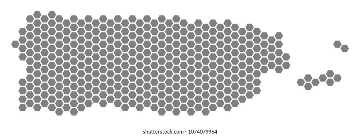 Gray hexagonal Puerto Rico Map. Vector geographic map in gray color on a white background. Vector concept of Puerto Rico Map done of hexagon blots.