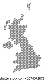 Gray hexagonal United Kingdom Map. Vector geographic map in grey color on a white background. Vector mosaic of United Kingdom Map organized of hexagon dots.
