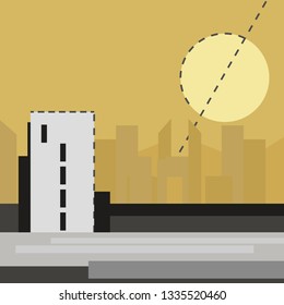 Gray High-rise building against a yellow sky. Sunset over the panorama. Architectural modern flat stylish poster. Retro Postcard for architect festivals, covers. Desert City of the Future background 
