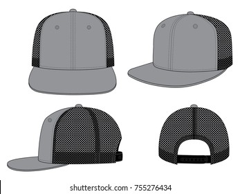 Gray hip hop cap with mesh black at side and back panels, adjustable snap back closure strap template on white background, vector file.