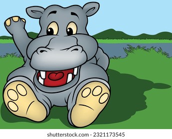 Gray Hippo with Big Smile Sitting on the Ground - Colored Cartoon Illustration with Background, Vector