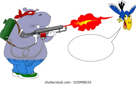 gray hippo shoots from a flamethrower at a blue raven
