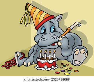 Gray Hippo Sitting on the Ground with Birthday Cake and Confetti on a Celebration - Colored Cartoon Illustration with Background, Vector