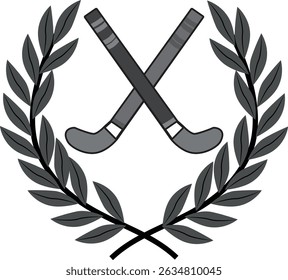 Gray hockey stick icon with laurel wreath. Elegant vector design in grayscale on transparent background. Perfect for sports branding, awards, and minimalist visuals.