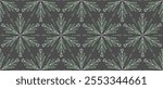 Gray holiday seamless pattern of winter motif. Northern ethnic ornament. Light green ornate snowflakes on dark grey background. Romantic christmas design. Monochrome folklore ornament. Lacy elements