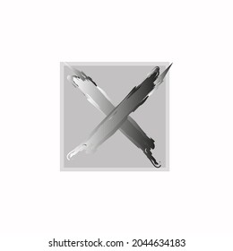 Gray holographic cross in gray square frame. Checklist mark. Choice icon. Abstract art. Vector illustration. Stock image. 