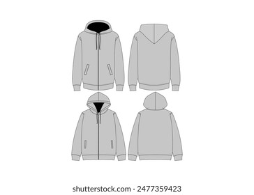 Grau Hoodie Vorlage Hoodie Sweatshirt Long Sleeve Hoody für Design Mockup Print Isoliert auf weißem Hintergrund Streetwear Hoodie Technical Sketch Clothes Fashion Vektorillustration Sweatshirt Mockup 