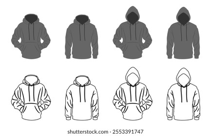 gray hoodies set vector illustration isolated on white background.