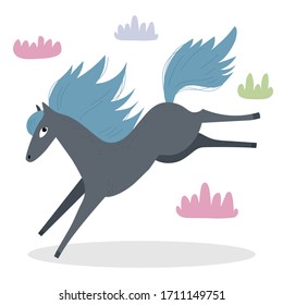 A gray horse with a blue mane runs in the clouds. Illustration for children.