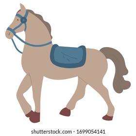 Gray horse with seat isolated cartoon animal in flat style. Vector equestrian sport stallion, side view of man with bridle headgear used to control animal