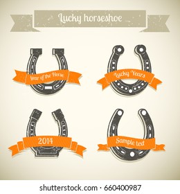 Gray horseshoe isolated icon set with orange ribbons for headlines and title lucky horseshoe vector illustration