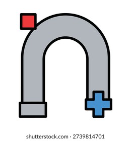 A gray horseshoe magnet with a red square and blue cross