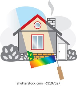 Gray house is painted in bright colors. Vector illustration.