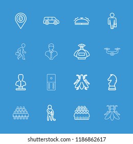 Gray icon. collection of 16 gray outline icons such as fly, perfume, bust, group, man with case, car, bell, golf player, chess horse. editable gray icons for web and mobile.