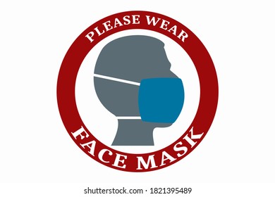 gray icon head with blue medical mask in red circular sign with text please wear face mask,warning sign,vector illustration