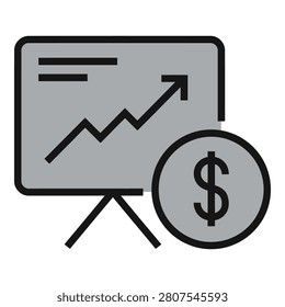 Gray icon of a presentation board with a line graph and dollar coin icon