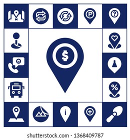 gray icon set. 17 filled gray icons.  Collection Of - Placeholder, Phone call, Bus, Loop, Sticker, Scoop