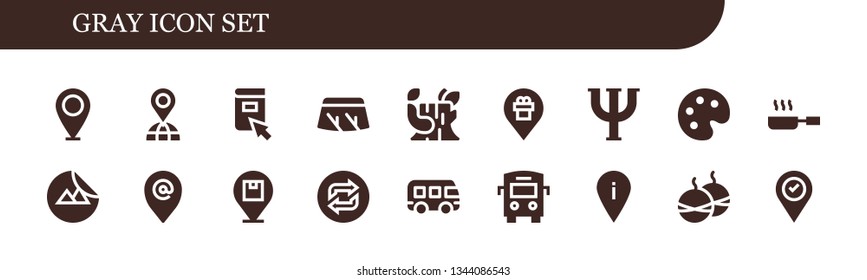 gray icon set. 18 filled gray icons.  Simple modern icons about  - Placeholder, Click, Windshield, Log, Psi, Palette, Frying pan, Sticker, Loop, Bus, Smoke bomb