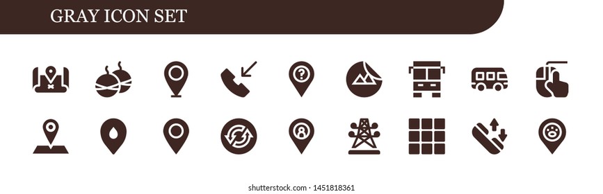 gray icon set. 18 filled gray icons.  Simple modern icons about  - Placeholder, Smoke bomb, Phone call, Sticker, Bus, Clicking, Loop, Electric tower, Palette