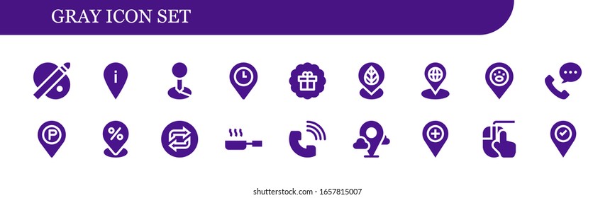 conjunto de iconos grises. 18 iconos grises rellenos.  Iconos modernos sencillos, como: Paleta, marcador de posición, adhesivo, llamada telefónica, bucle, sartén, clic