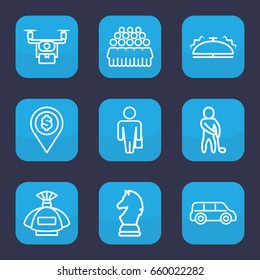 Gray icon. set of 9 outline gray icons such as perfume, group, bell, golf player, chess horse, man with case, dollar location, medical drone
