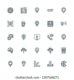 gray icon set. Collection of 25 filled gray icons included Palette, Placeholder, Audio player, Upload, Paint palette, Phone call, Received, Log, Resize, Bus, Pause