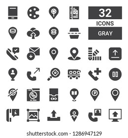 gray icon set. Collection of 32 filled gray icons included Upload, Phone call, Placeholder, Resize, Audio player, Pause, Bus, Frying pan, Palette, Received, Flip, Binder