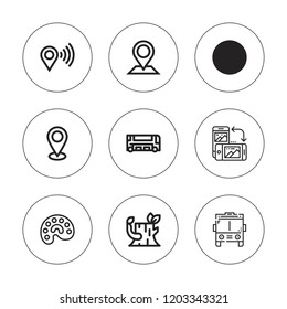Gray icon set. collection of 9 outline gray icons with bus, flip, log, palette icons. editable icons.