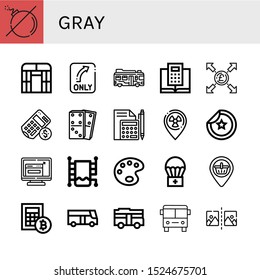 gray icon set. Collection of No bomb, Flat arch greenhouse, Turn, Bus, Calculator, Pound, Dominoes, Placeholder, Sticker, Resize, Heated towel rail, Paint palette, Airdrop icons